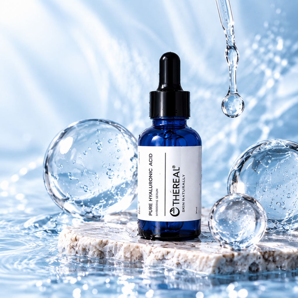 ethereal hyaluronic serum in blue water